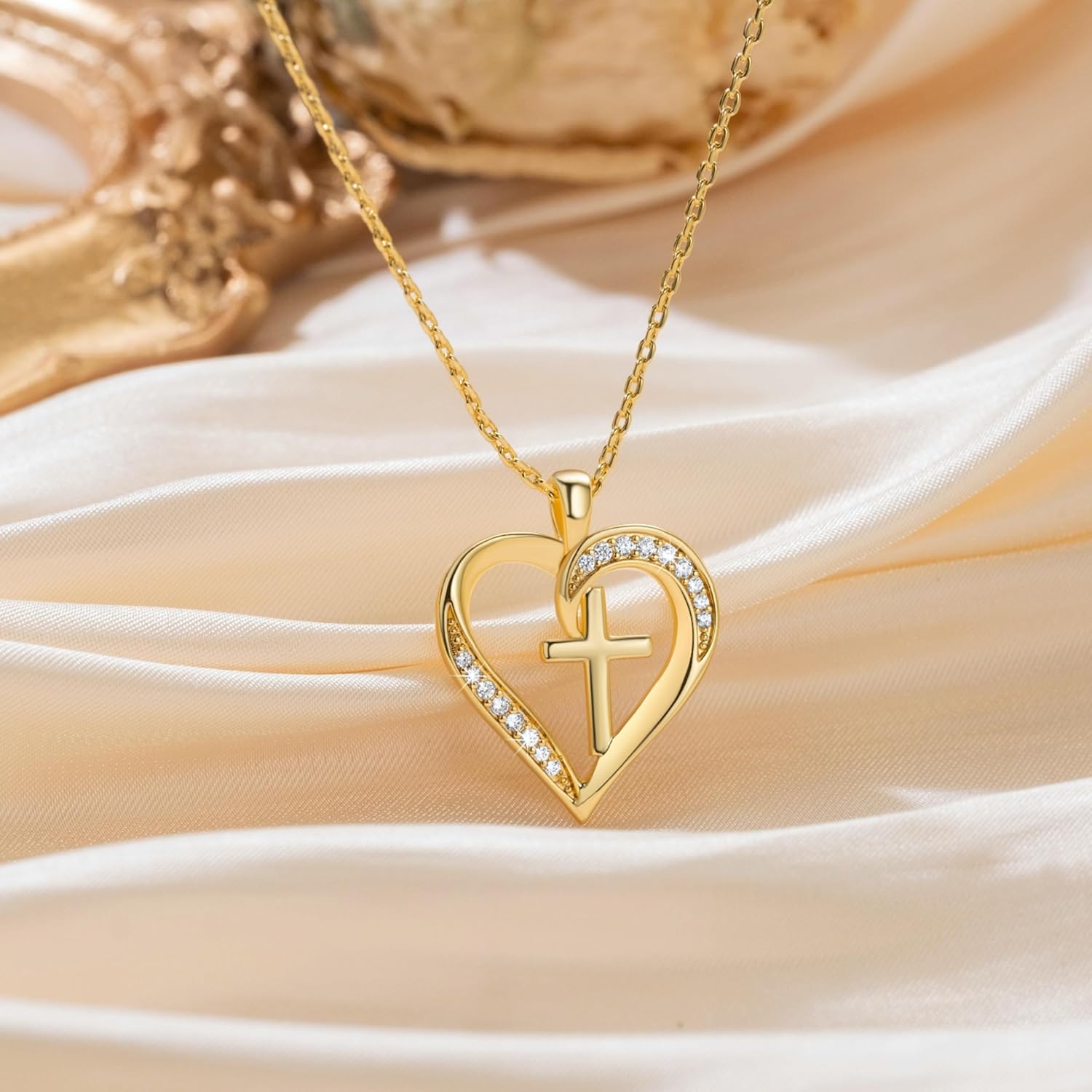 Cross Necklace for Women 14K Gold Cross Necklaces for Women Gold Heart Necklaces for Womens Crosses Chain Pendant Combine Classic Elements of Romantic and Faith Chain Crosses Heart Necklace for Womens 17.7+1.7in - Image 5