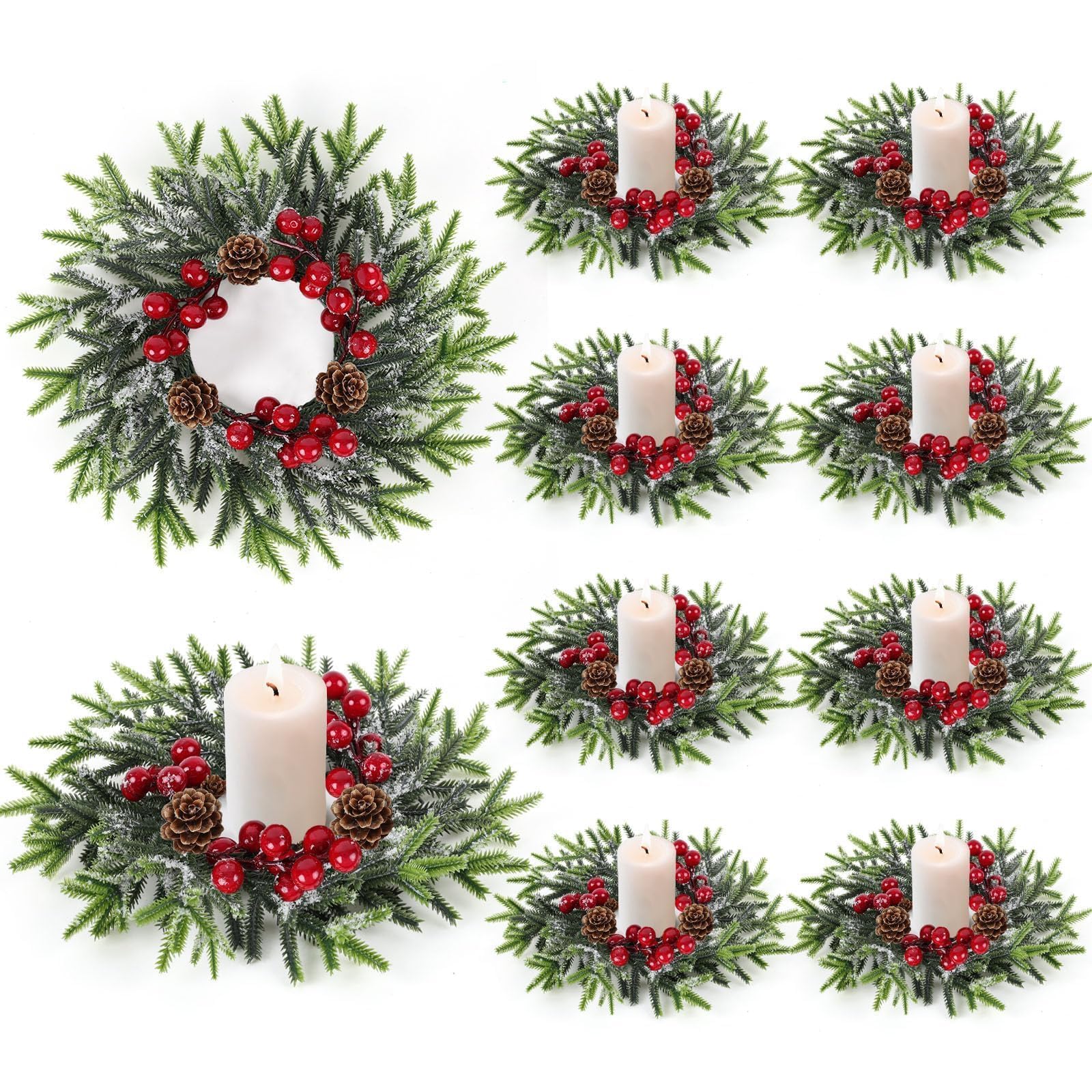 8 Pcs Christmas Candle Rings Wreath Mini Christmas Table Centerpieces Red Berry Pinecones Wreaths for Kitchen Cabinet for Holiday Table Centerpiece Farmhouse Front Door Porch Wall Decoration