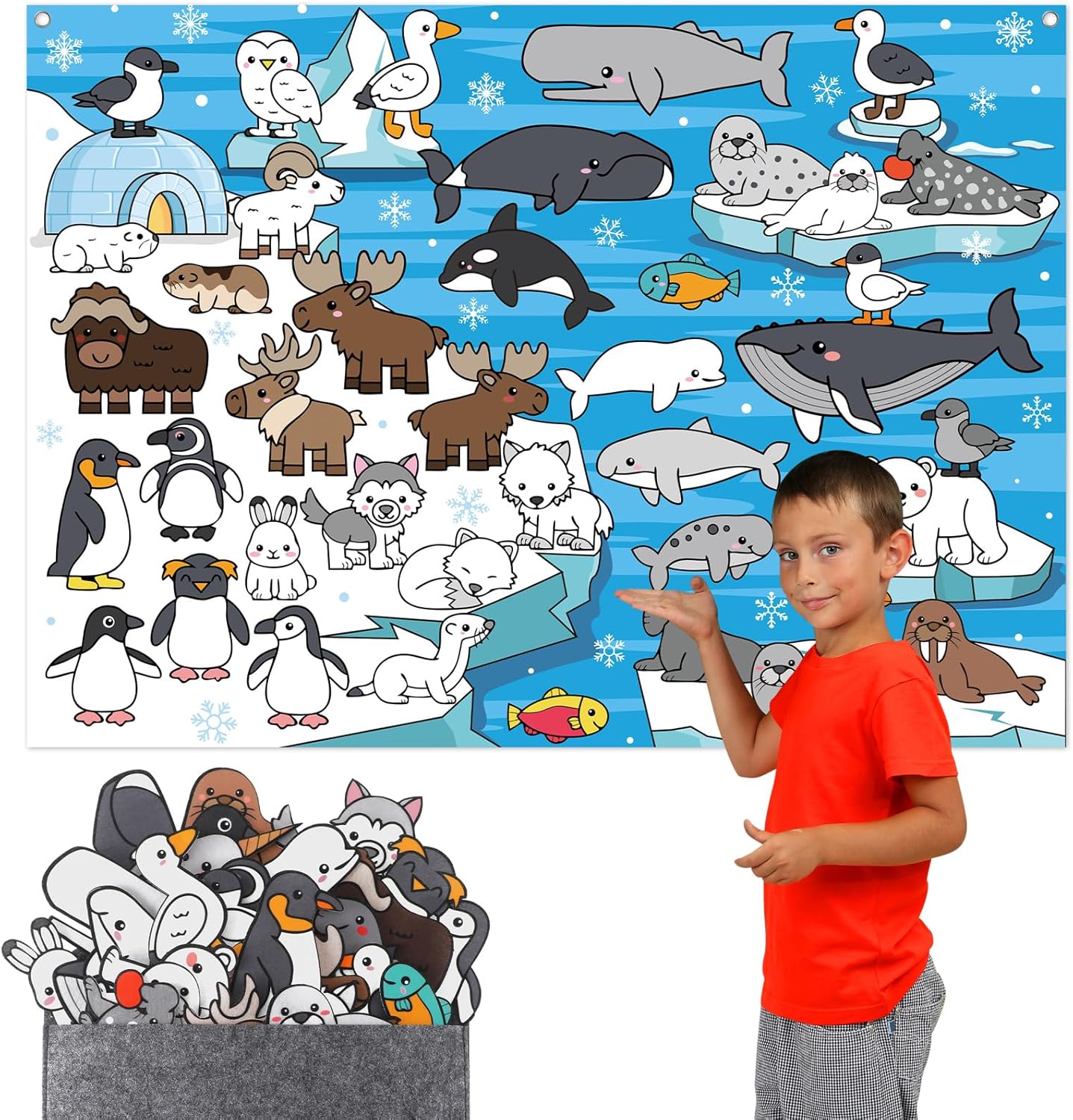 Sotiff 46 Pcs Polar Animals Felt Board Story Set 41 x 30 Inch Arctic Ocean Animal Bear Penguin Felt Board with Document Bag for Activities Interactive Kit