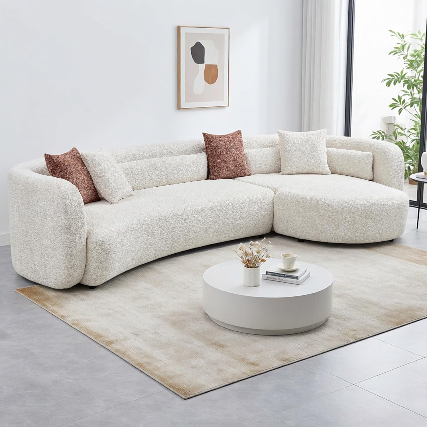 Modern Curved Sectional Sofa, Cream Boucle Fabric, Minimalist Living Room Set,L-Shaped Couch with Chaise Lounge (Right Hand Facing) | curved design