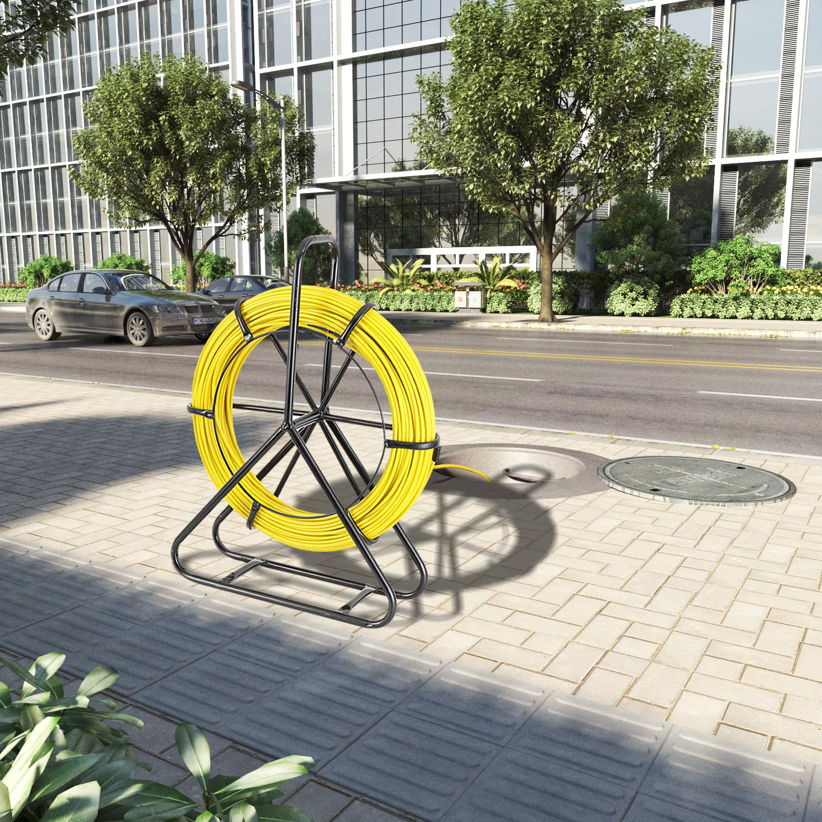 Rodador de Conducto de Fibra de Vidrio 6x100M con Soporte de Acero y Freno Herramienta de Instalación de Cable Eléctrico de Fibra de Vidrio con Jaula y Soporte