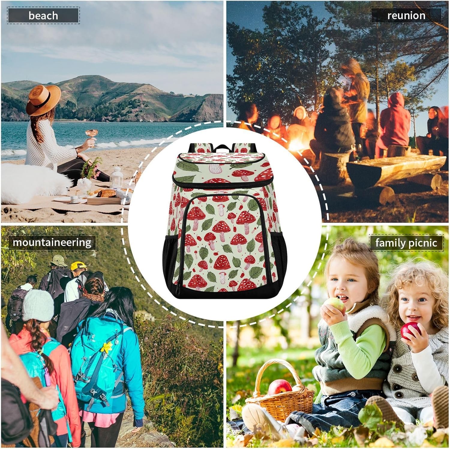 Red Mushroom Cooler Backpack 36 Cans Leakproof Waterproof Backpack Cooler Bag Beach Accessories Travel Camping Fishing Backpack for Women Men