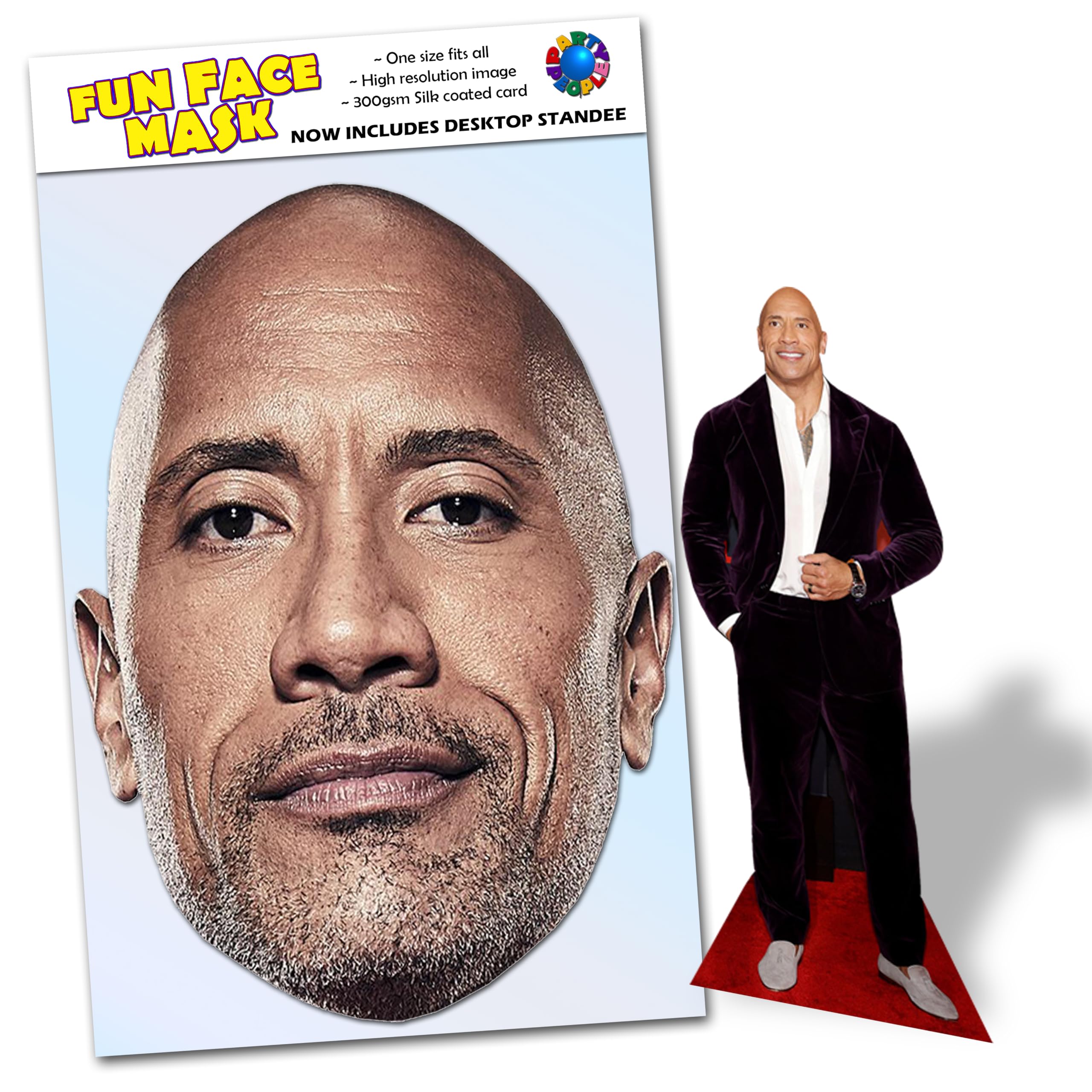 Party People 1 x Dwayne Johnson - Ready To Wear Celebrity Face Mask Includes Freestanding 20cm Desktop Standee Card Cutout - Standee Dwayne J