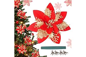 26Pcs Artificial Christmas Flowers Glitter Red Poinsettias with Clips and Steams for...
