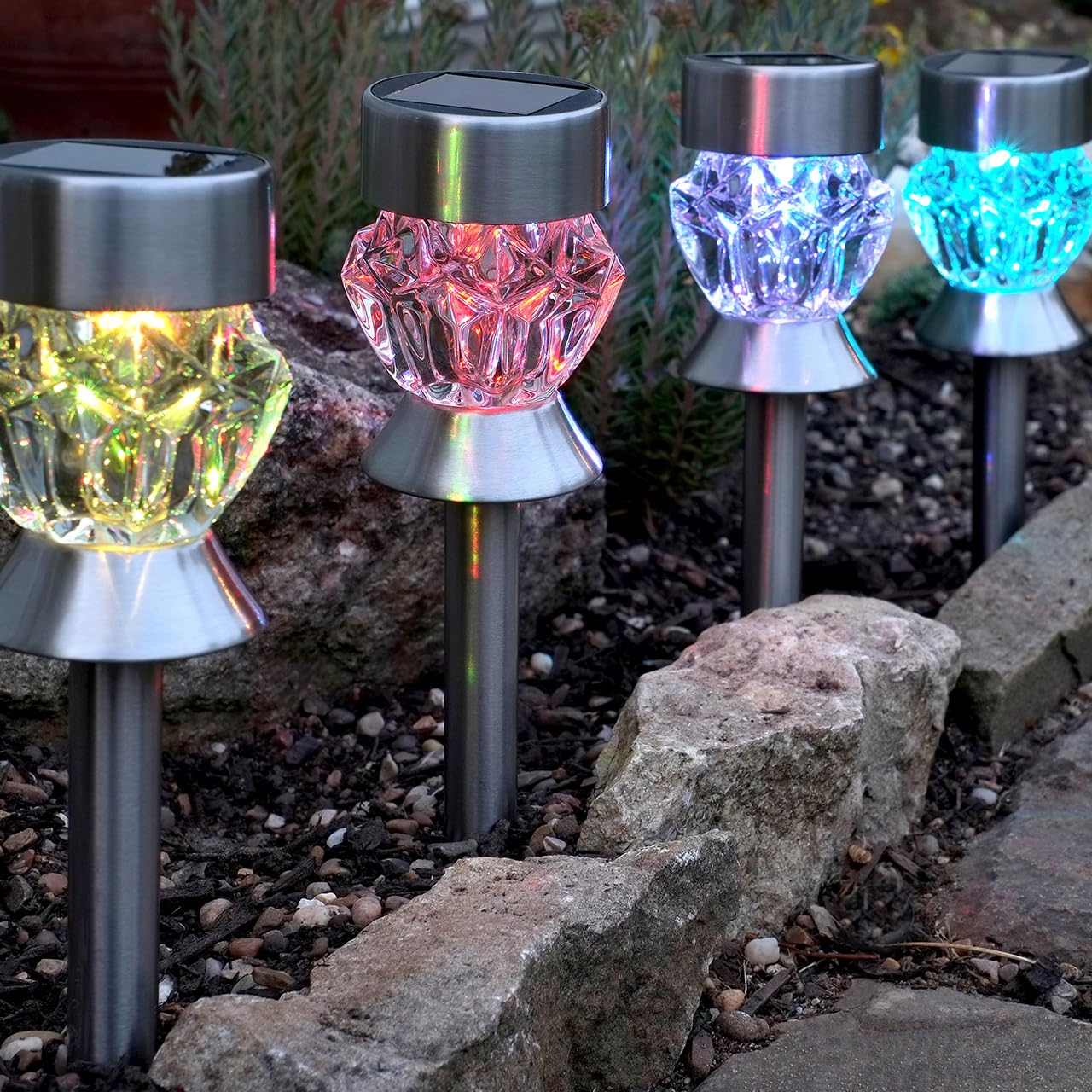 Mysmartbuy.com Silver 4 X Solar Powered Crystal Glass Colour-Changing Led Stake Lights - Weather Resistant Garden Patio, Pathway, Decking Or Tabletop Lighting With Removeable Stakes – Each Measure H34 X 7.5Cm Diameter