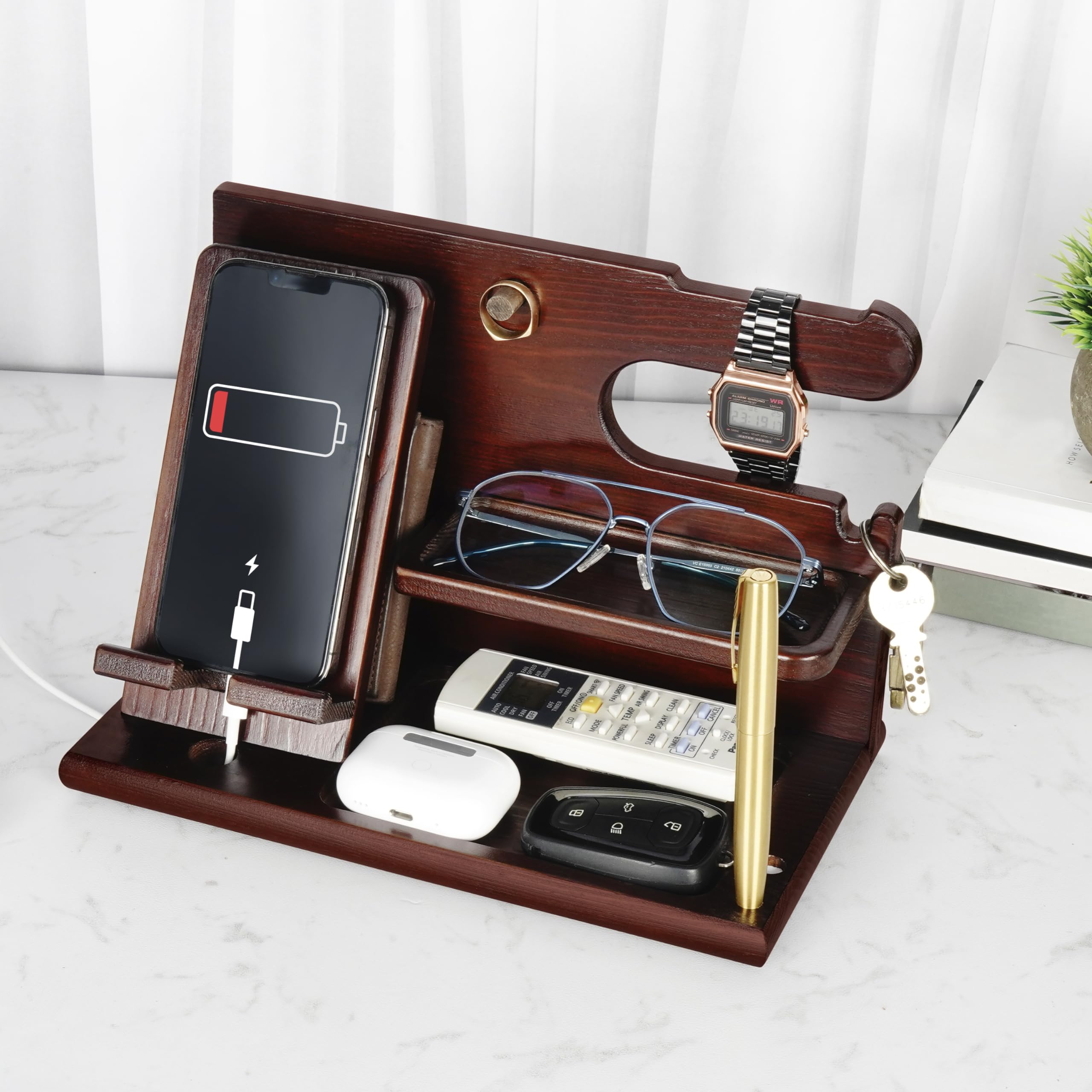 Belle Vous Support Telephone en Bois Marron Foncé - Table de Nuit et Table de Chevet - Vide Poche pour Portefeuille, Montre, Clés et Gadgets - Cadeau Anniversaire Homme, Père