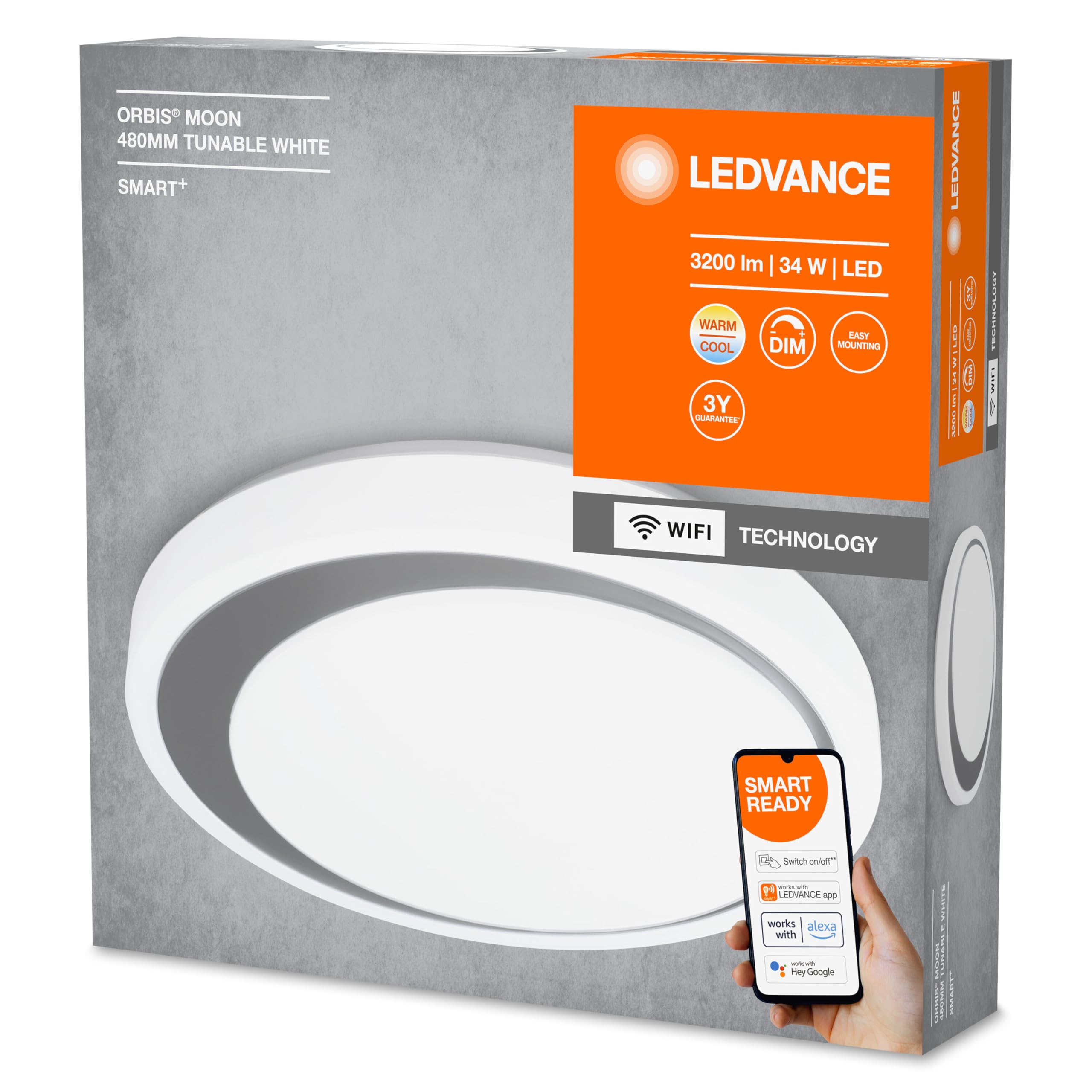 LEDVANCE Applique e plafoniera LED intelligente per interni con tecnologia WiFi, colore della luce variabile (3000K-6500K), grigio, 480mm, compatibile con Google e Alexa, SMART+ WIFI ORBIS MOON