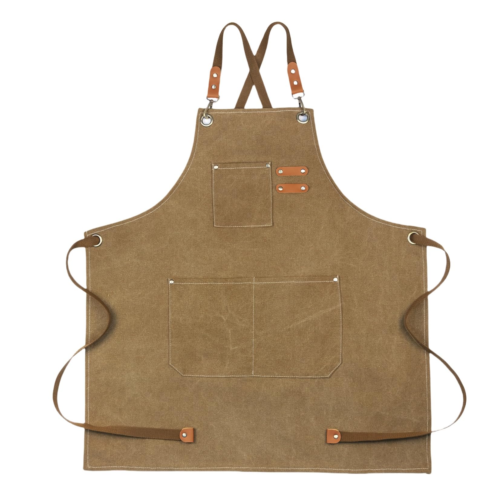 DEVECHO Chef Apron Medium-Thick Cotton Canvas,Cross Back with Multiple Pockets Adjustable Work Apron for Men and Women (Brown)