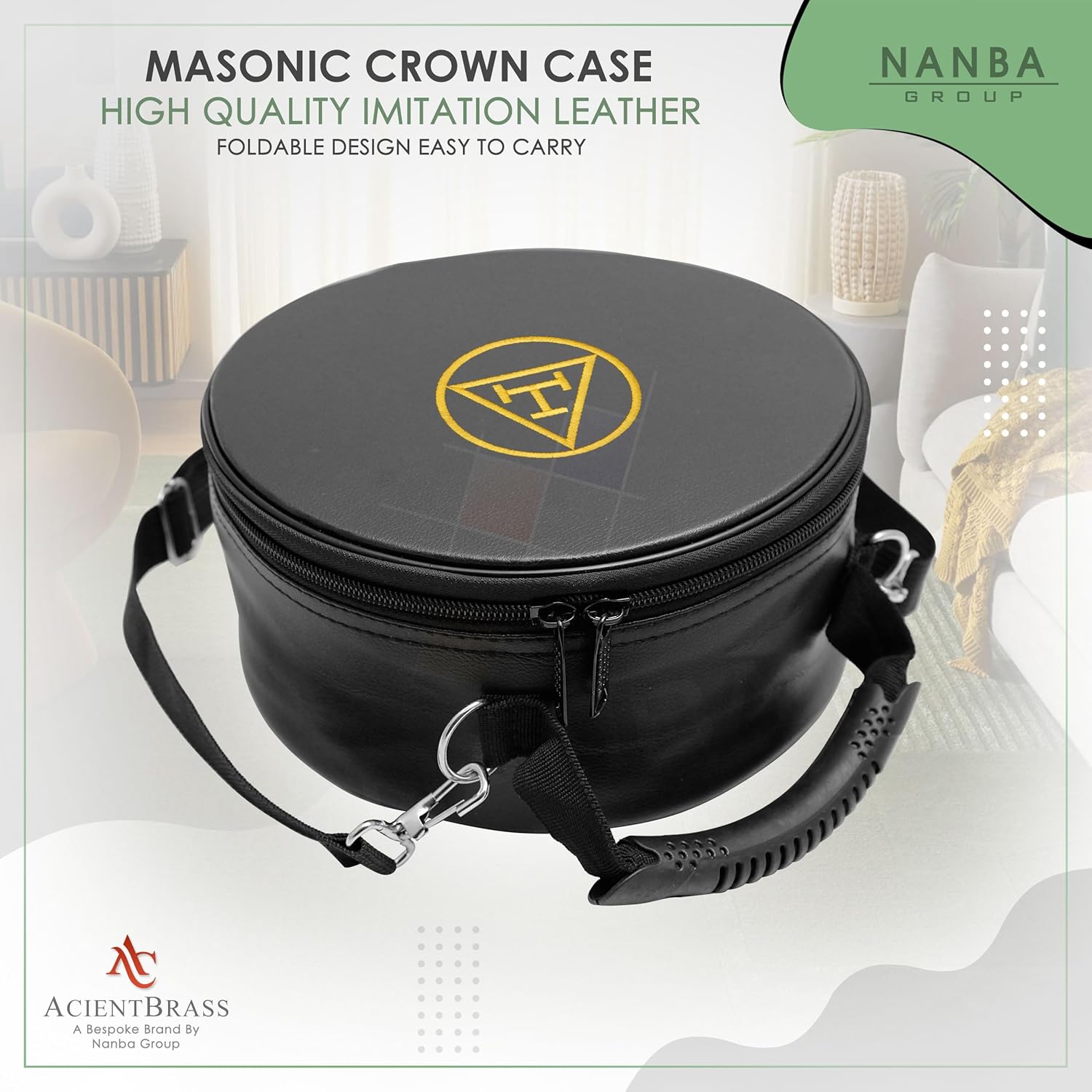 Premium Black Royal Arch Chapter Crown Cap Case – Imitation Leather Hat Box with Adjustable Shoulder Strap & Foldable Design - Machine Embroidery (Royal Arch Chapter - Gold)