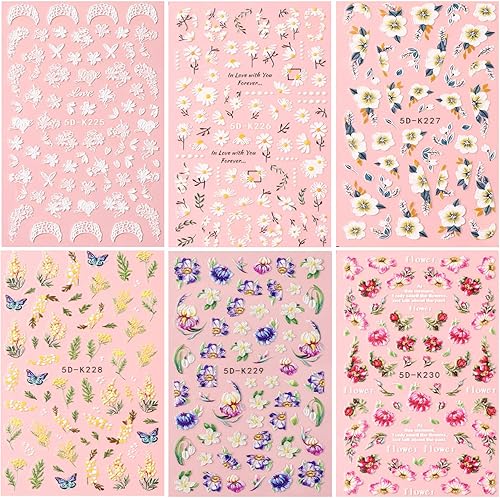 Miniatura 7 de Calcomanías de arte de uñas de flores, holográficas 5D grabadas en 5D, calcomanías autoadhesivas para uñas, mimosa en relieve, mariposa, margarita,