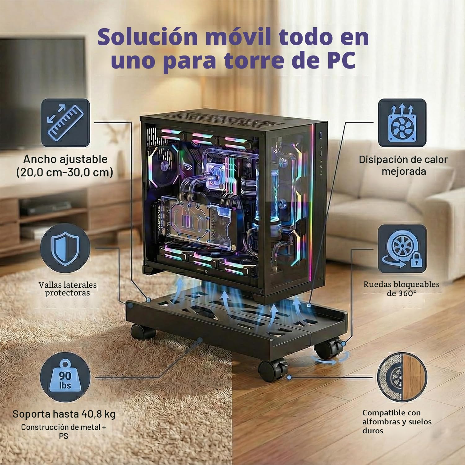 Soporte Torre PC con Ruedas Giratorias Bloqueo, Soporte para Caja PC bajo Mesa, Negro