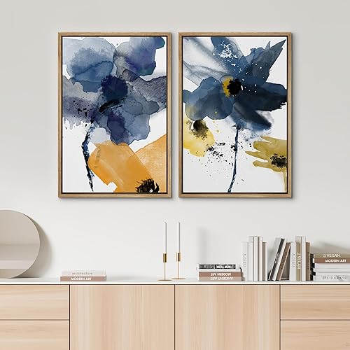 Miniatura 3 de SIGNWIN - Juego de impresión artística enmarcada para pared, diseño de acuarela de margaritas azules y amarillas, ilustraciones botánicas florales,