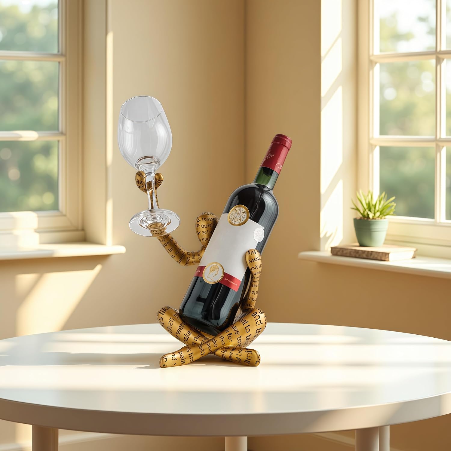 XINXUAN Abstract Wine Bottle Holder Home Decor, Resin Hollow-Out Design Decorative Wine Rack (Letter - Gold)