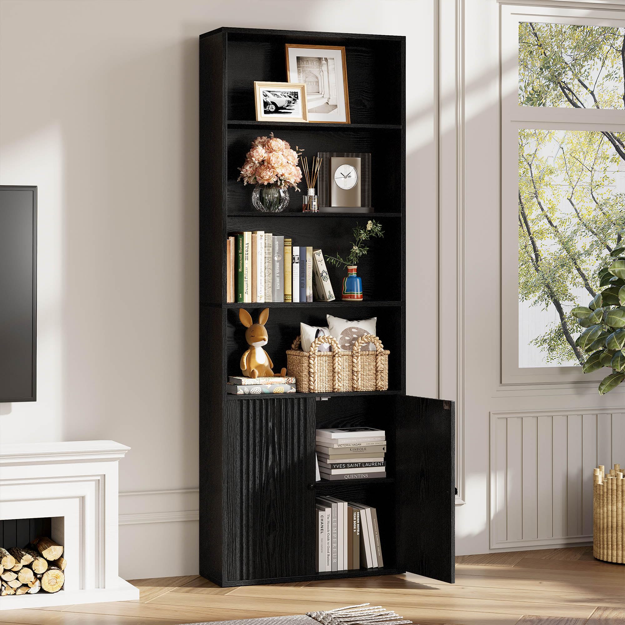 IRONCK Bibliothèque avec Portes - Étagère sur Pied à 6 Niveaux - Étagère en Bois avec Portes - Étagère de Rangement Ouverte pour Bureau, Salon, Chambre à Coucher - 180 x 60 x 23,5 cm - Noir