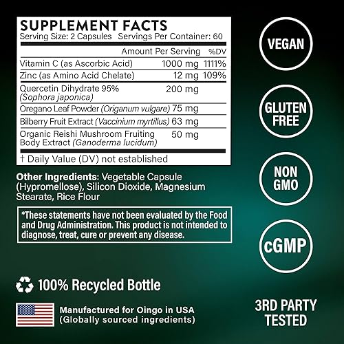Miniatura 4 de Cápsulas de inmunidad diaria, quercetina, hongo reishi, zinc, aceite de orégano y vitamina C, 120 cápsulas vegetales