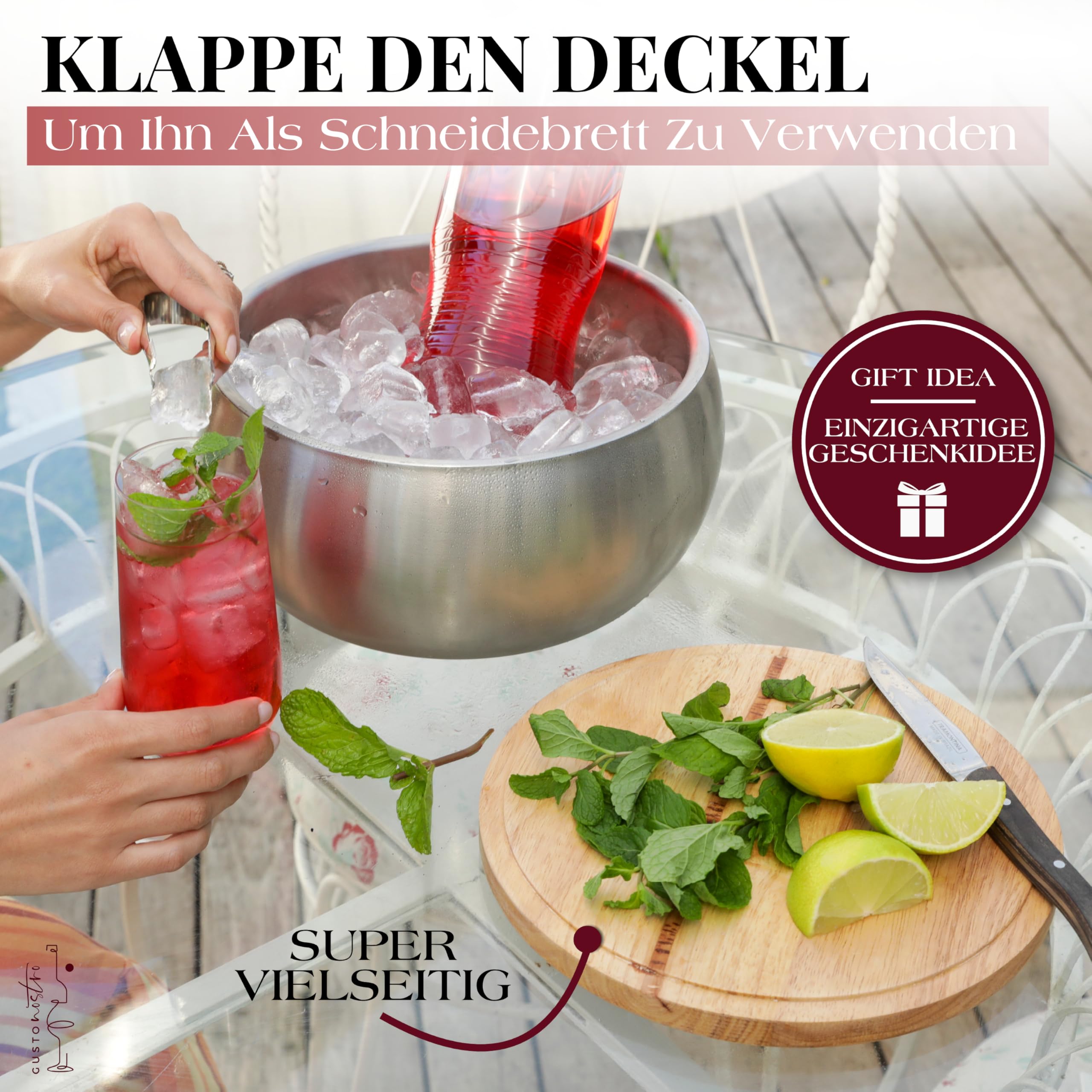Gusto Nostro 4,1 l Eiswürfelbehälter mit Deckel und Zange, Doppelwandiger Großer Edelstahl Eisbehälter, BPA-freier Eiskübel für Cocktail-Bar, für Champagner, Wein, Bier, Kühlen für Partys