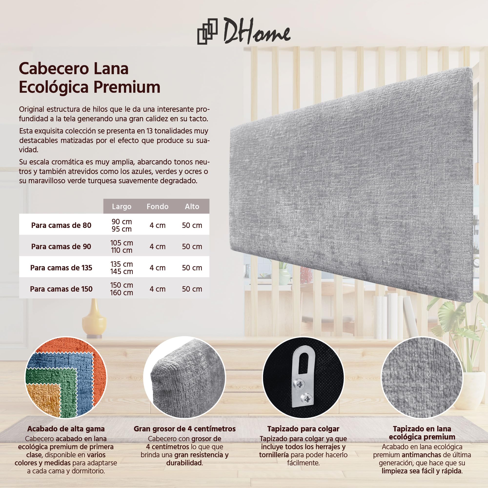 DHOME Cabecero Acabado Lana Ecológica Premium Liso Cabezal Tapizado Cama Dormitorio Acolchado Winter Luxury (Gris Claro, 80 cm)