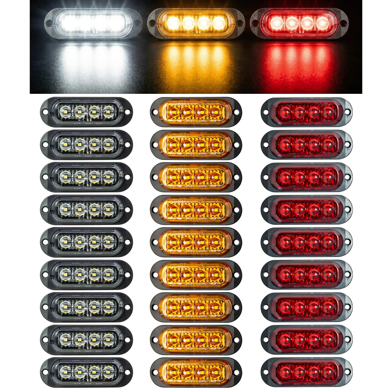 Catekro 30 x Begrenzungsleuchten mit 4 Leuchten 86mm 12V/24V Weiß+Gelb+Rot