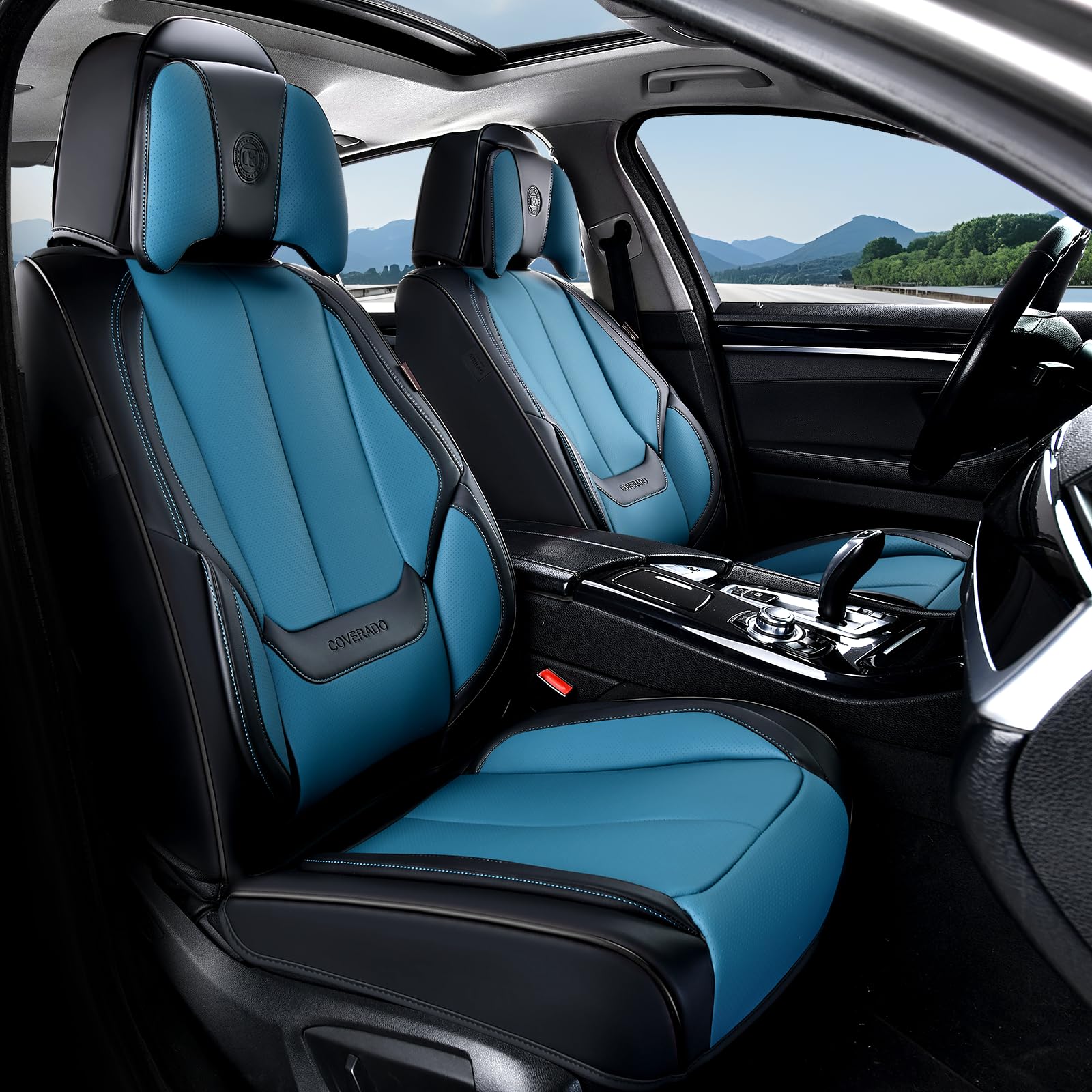 Coverado Seat Covers, Car Seat Covers Front Seats, Car Seat Cover, Car Seat Protector Waterproof, Seat Cushion Nappa Leather with Head Pillow, Carseat Cover Universal Fit for Most Cars (Black&amp;Blue)