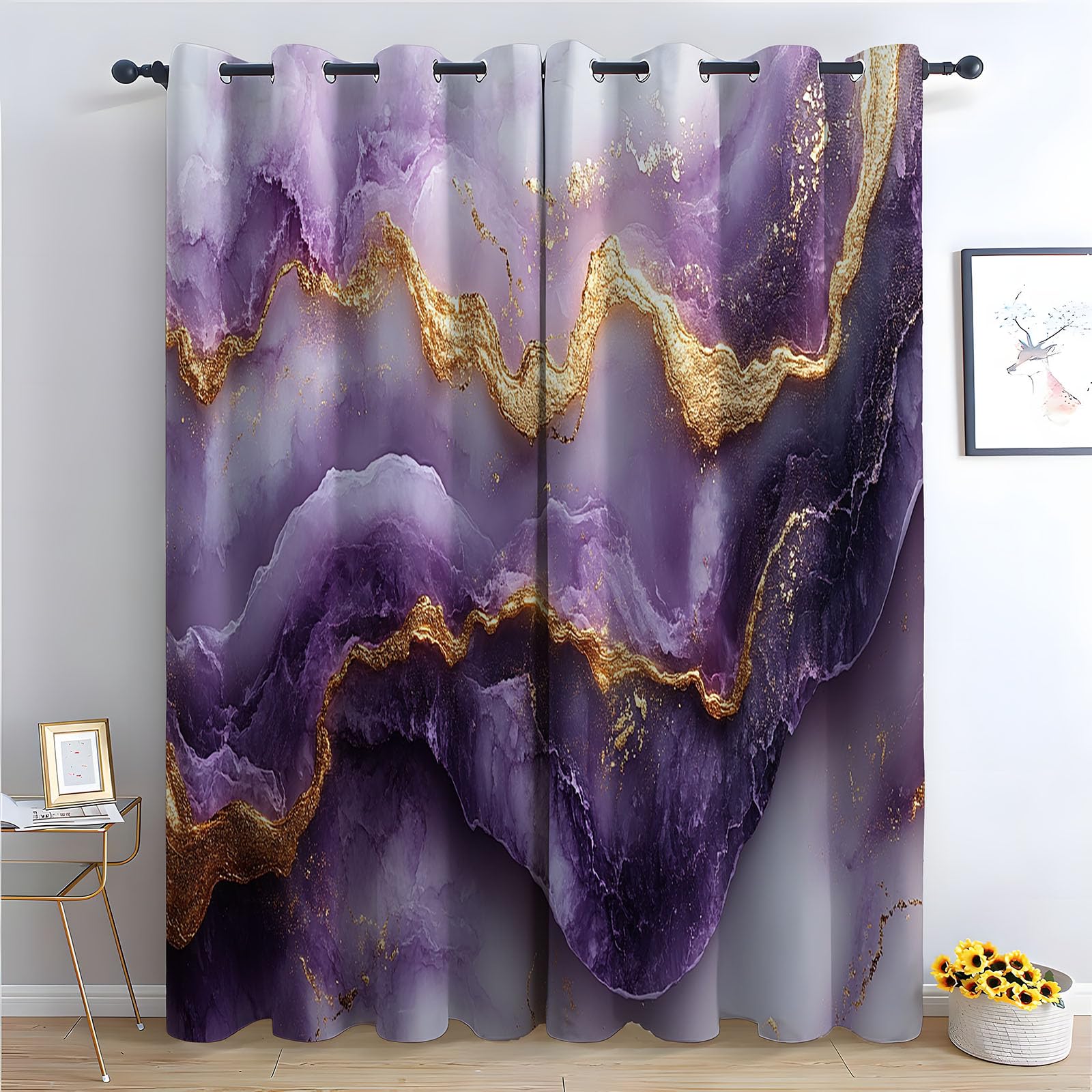 Aquarell Gardinen Blickdicht,Bunt Vorhänge, Abstrakter Purpurmarmor mit Goldadern Modern Abstrakte Tierdruck Vorhang, Verdunklungsvorhänge für Schlafzimmer Wohnzimmer,-H180 x B100 cm (2er Pack)