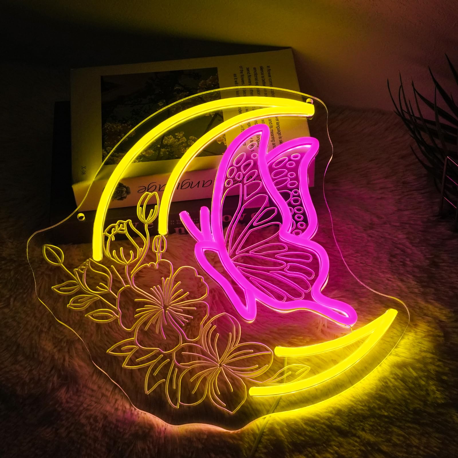 Letrero de neón con diseño de mariposa y luna, regulable, para decoración de pared, letreros LED de luna para dormitorio, sala de estar, habitación de niñas, bar, fiesta de cumpleaños