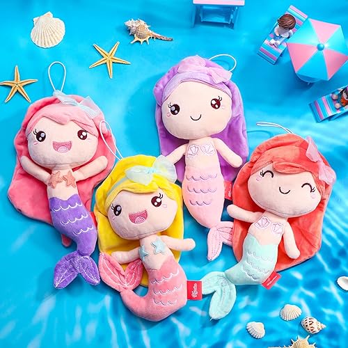 Miniatura 6 de Civaner 4 juguetes de peluche de princesa sirena para niñas, animales de peluche de sirena pequeña, muñecas de princesa del océano, decoraciones de