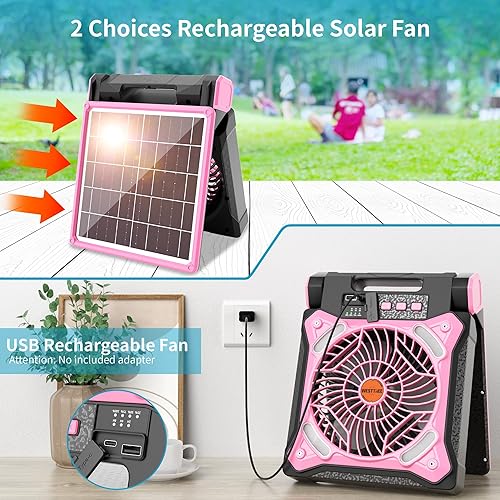 Miniatura 2 de Ventilador solar recargable con batería con linterna LED y banco de energía, ventiladores personales USB de ángulo plegable para viajes al aire