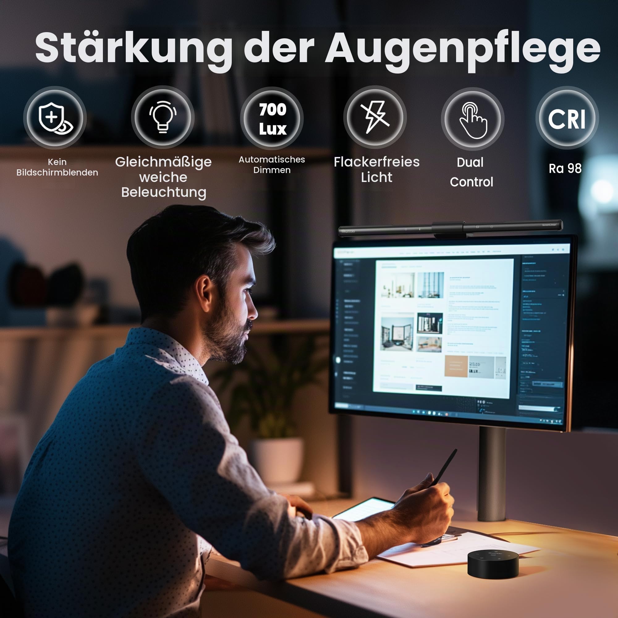 Quntis Computer Monitor Lampe LED mit Fernbedienung & Touch Control, 40cm Monitor Light Bar mit Anti-blaues Licht, Bildschirmlampe USB mit Auto-Dimmen, PC Büro Lampe