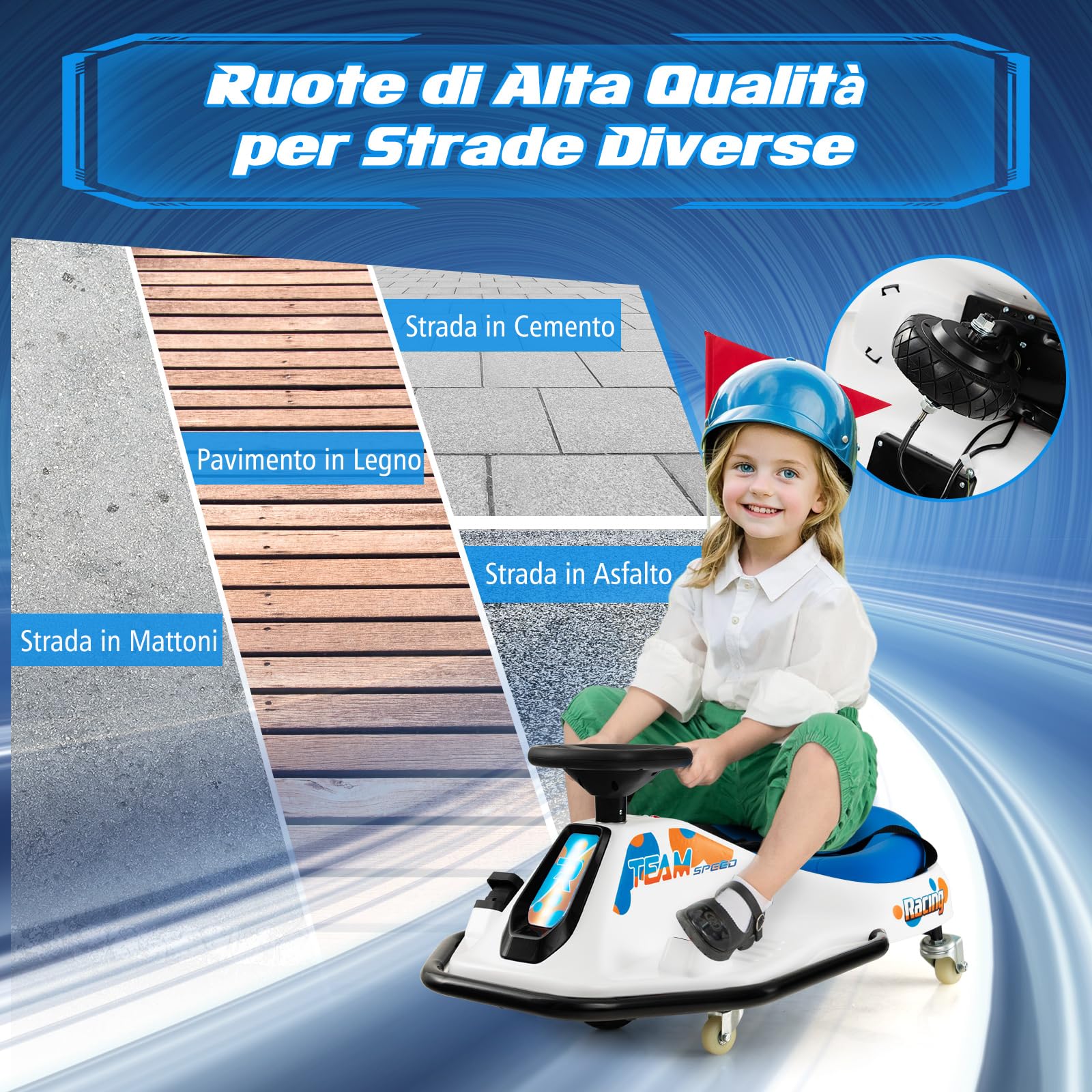COSTWAY 24 V Go Kart per bambini, Auto Drift con Giro a 360°, con Connessione Wireless USB Radio Musica e 3 Bandierine, Avviso Lento, 9-15 km/h, per Bambini 3+ Anni