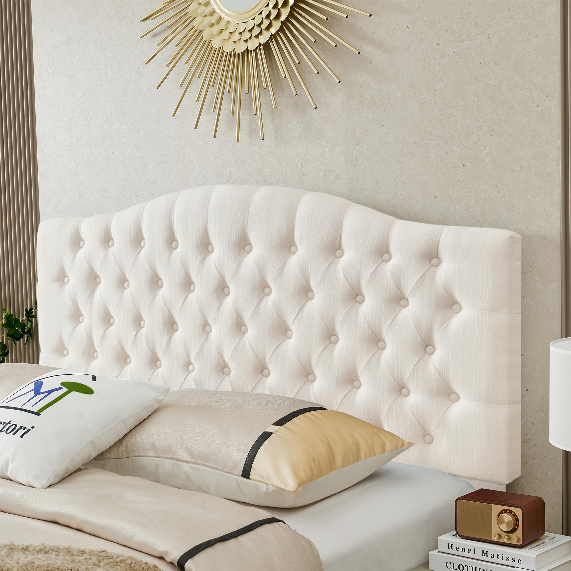 Linen Upholstered Queen/Full Headboard, Tufted Button Headboard for Queen/Full Bed, Curved Integrated Design with Tufted Solid Wood Head Board and Luxury Soft Padded, Ivory