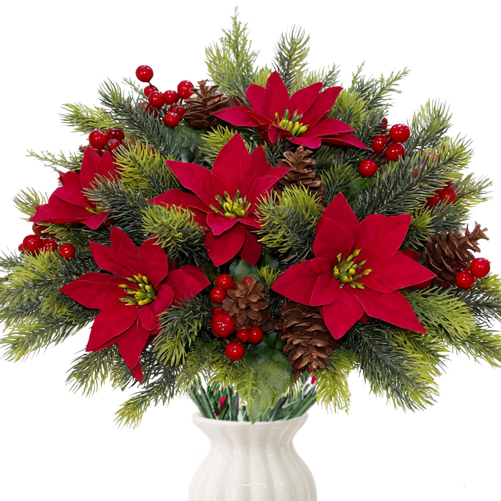 Artificial Flowers Bouquet Christmas Floral Poinsettia Pine Cones Red Berry Picks Stems Holly Holiday for Xmas Tree Party Decoration DIY Indoor Table Centerpieces