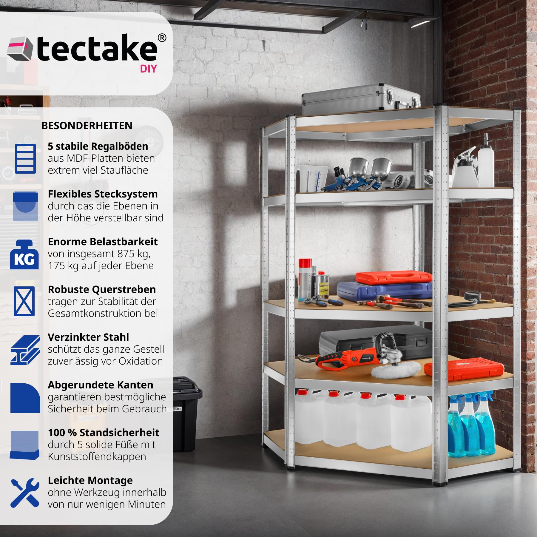 tectake® Werkstattregal, Schwerlastregal Eckregal mit 5 Böden, Metall Lagerregal, Kellerregal, Zubehör für Garage, Organizer für Abstellraum, Steckregal, für Aufbewahrung, Lastenregal - 875 kg