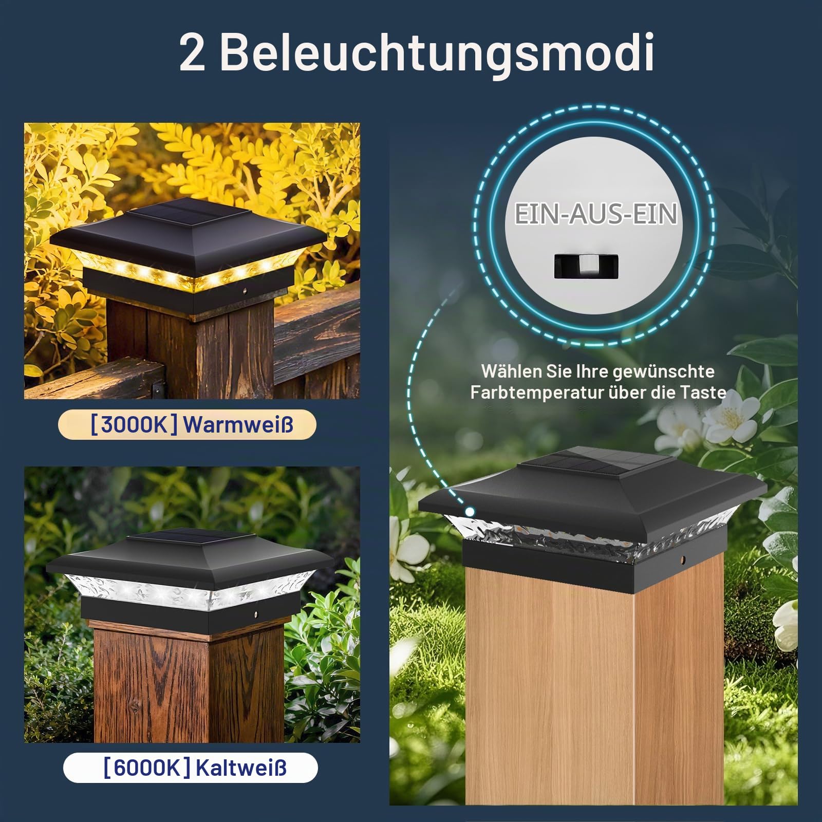 T-SUNUS Pfostenkappen Solar 9x9 10x10, Pfostenleuchte Solar mit 2 Farbtemperatur IP65 Wasserdicht, Zaunpfosten Lampe für Hölzerne Pfosten Plattform Zaun 12 Stück