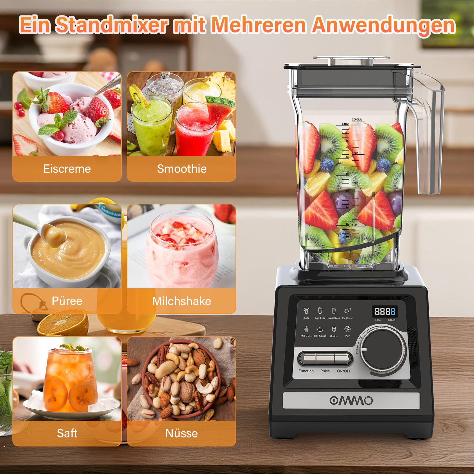 OMMO 2L Standmixer Hochleistungsmixer, Mixer Smoothie Maker mit 9 Geschwindigkeitssteuerungen für Eisbrechen, Milkshakes, Gefriergetränke und Obst, Max 1800W, BPA Frei