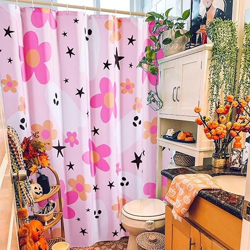 Miniatura 2 de Bonita cortina de ducha de Halloween rosa para baño, decoración estética de Halloween, juego de cortina de ducha con espíritu fantasma floral y