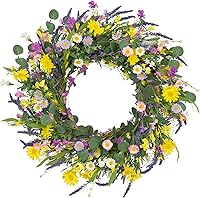 J'FLORU 22 Inch Artificial Spring Wreath for Front Door - Daisy Lavender Wildflowers on Grapevine Base, Summer Farmhouse Easter Decor