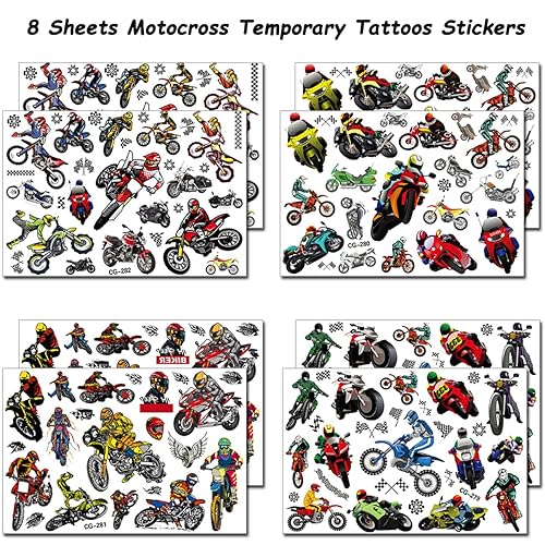 Miniatura 3 de 8 hojas de tatuajes temporales de motocross para niños, motocross, suministros de fiesta de cumpleaños, decoraciones de fiesta de motocross,