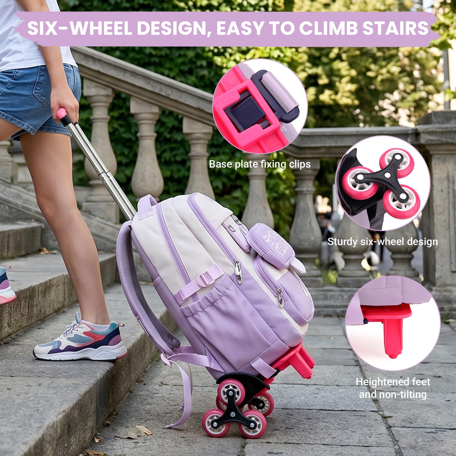 IvyH Zaino scolastico con trolley per ragazze, zaino con ruote per adolescenti, set 2 in 1 con zaino rimovibile e trolley con 6 ruote, per scuola elementare e media, Lilla, Mittelgroße, Classico