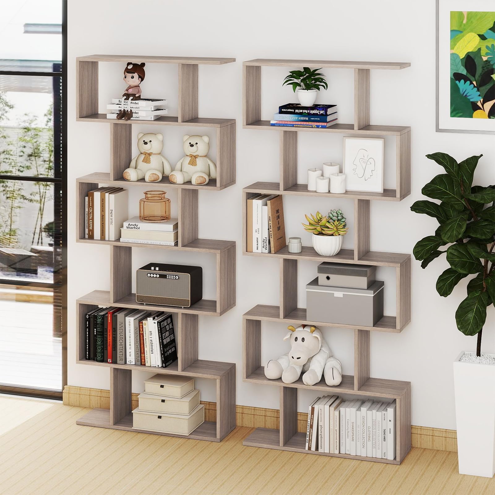 COSTWAY Scaffale a 6 Ripiani, Libreria a Forma di S, Libreria Scaffale da Terra in Legno, Divisorio per Soggiorno, Camera da Letto, Ufficio, 80 x 23 x 192 cm (Quercia)