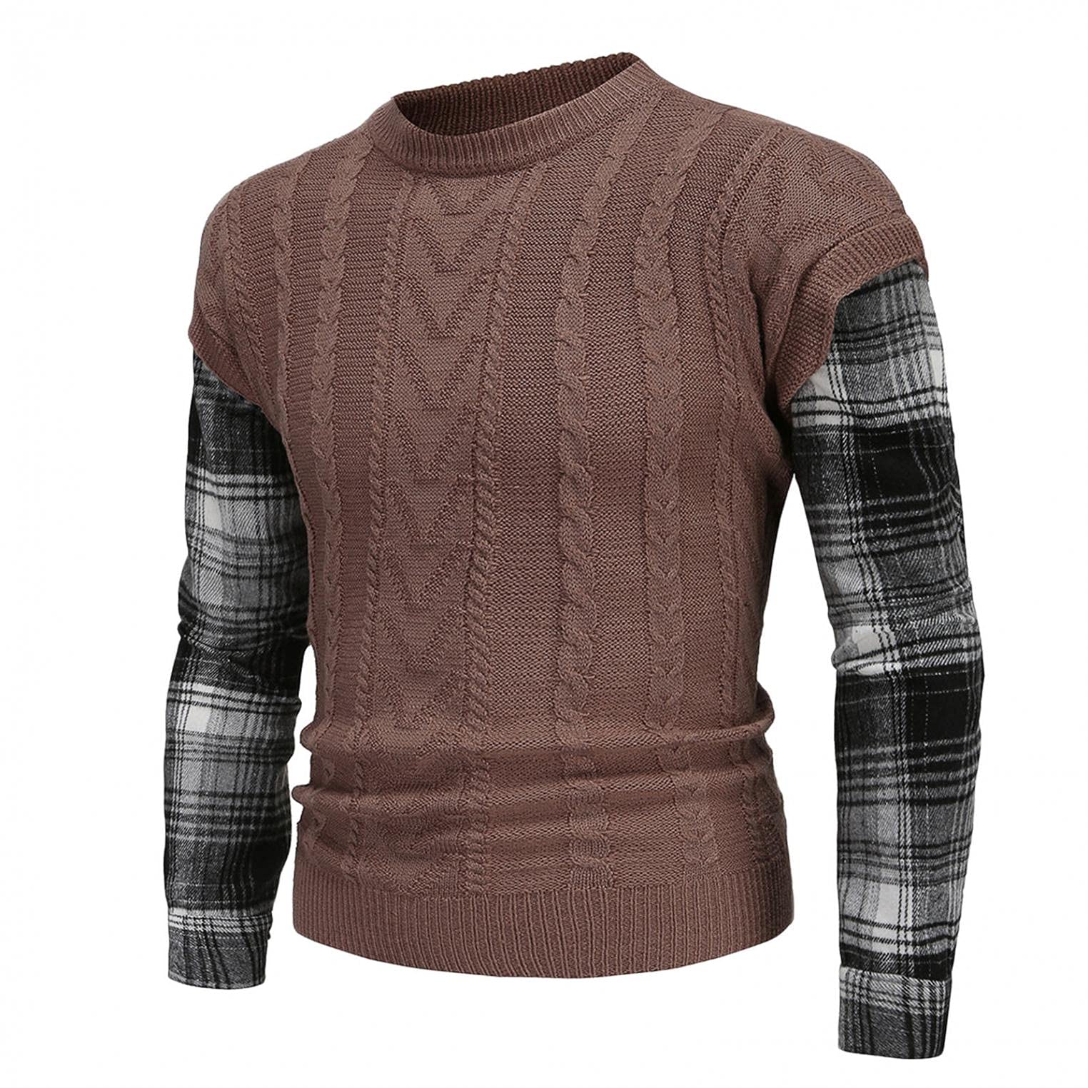 LMDGO Mens Sweaters Pullover Long Sleeve Crewneck Cable Kniited Sweatshirt Tops Plaid Patchwork Thicken Warm Jumper Blouse