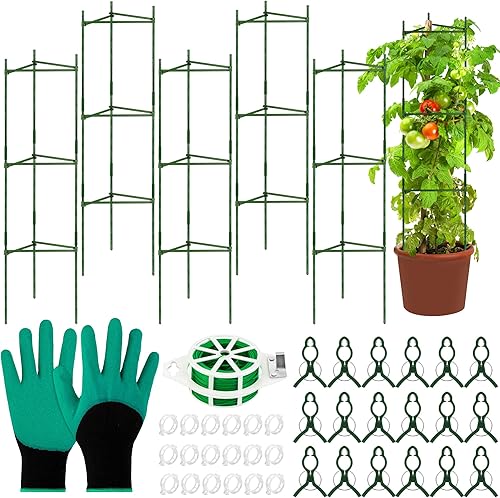 Paquete de 6 jaulas de tomate para plantas de jardín de hasta 48 pulgadas, jaulas montadas para plantas vegetales, estacas de soporte enrejado con