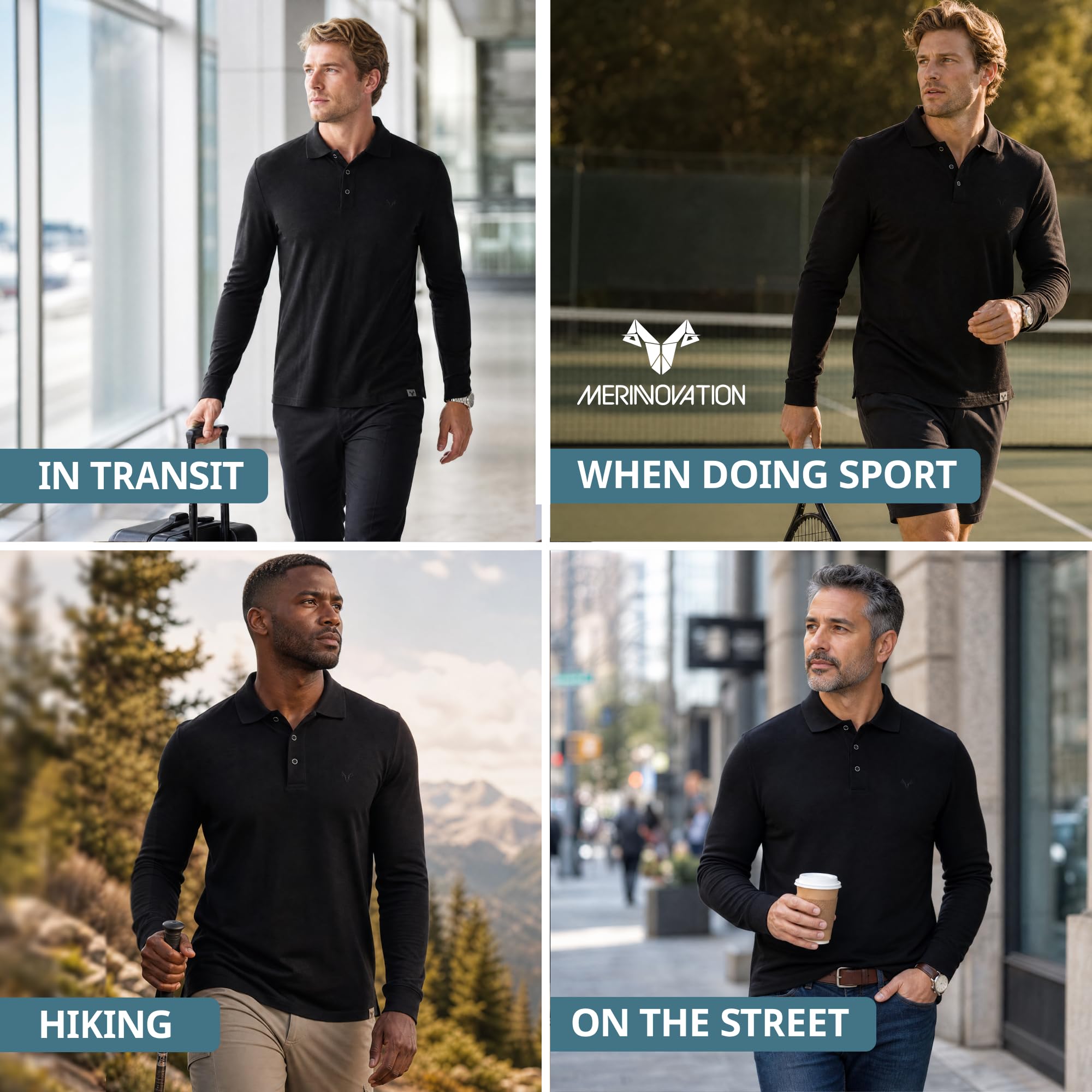 MERINNOVATION Langärmeliges Poloshirt aus Merinowolle für Herren, 100 % Merinowolle, Piqué, feuchtigkeitsableitend