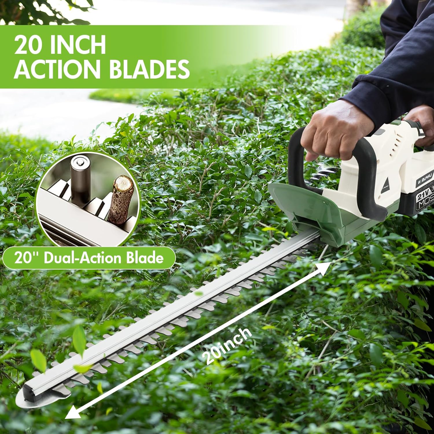 ALSO GO 20'' Cordless Hedge Trimmer, 21V Electric Bush Trimmer, Cordless Shrub Trimmer with 3Ah Battery and Charger, 3/4'' Cutting Capacity, Grass Shrub Trimmer for Garden, Lawn