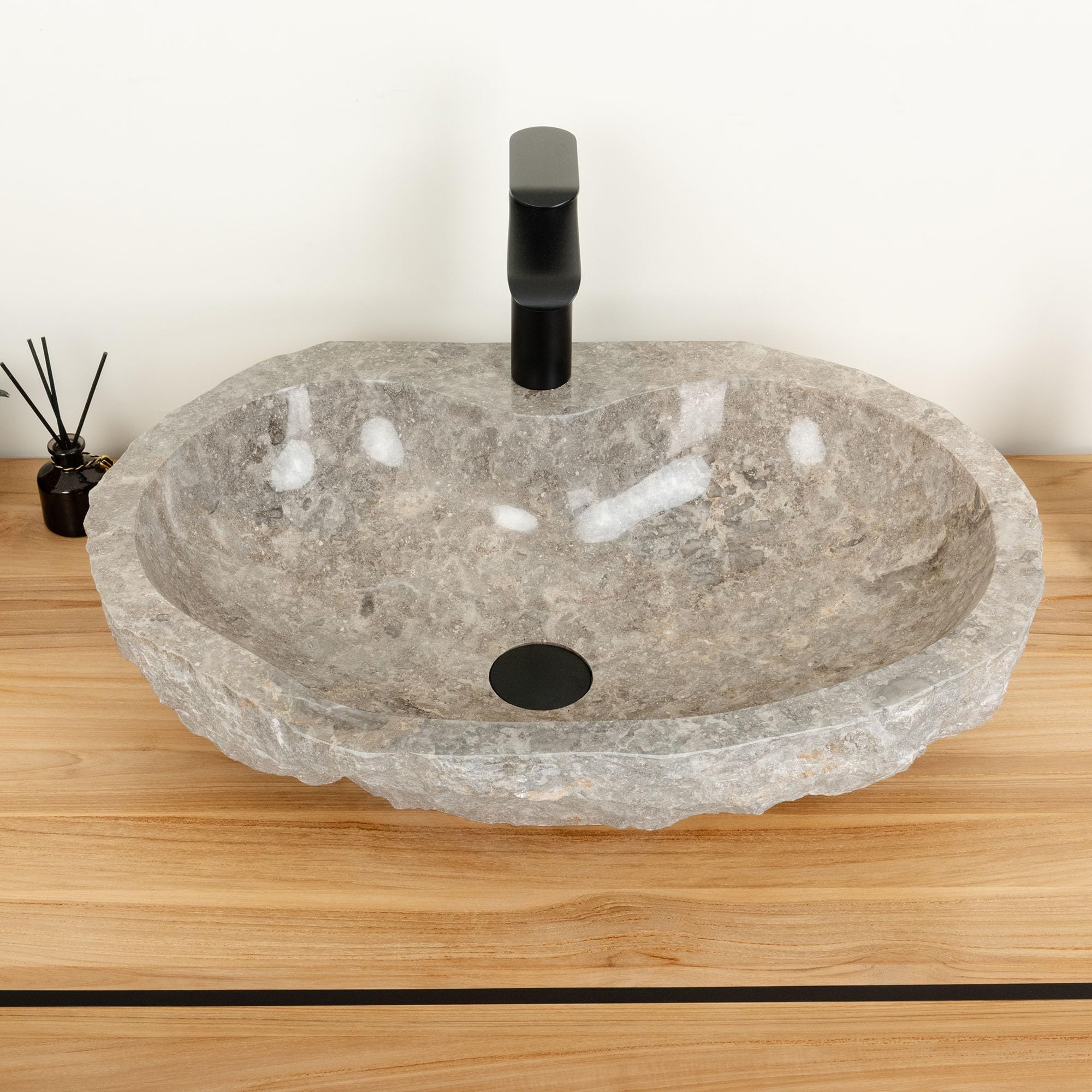 Marmor Aufsatz Waschbecken Erosi 60 cm Hahnloch grau Naturstein Bad Wohnfreuden