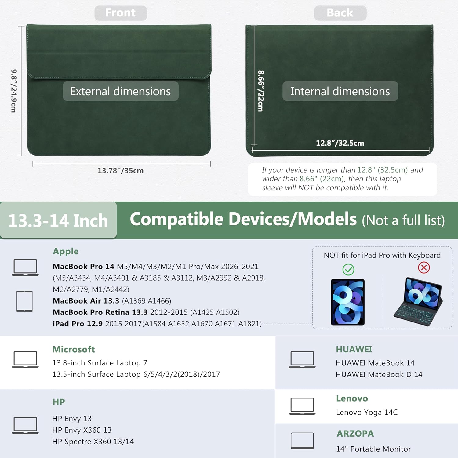 HYZUO 13.3-14 Inch Laptop Sleeve Case with Stand Feature for MacBook Pro 14 M5/M4/M3/M2/M1 2026-2021, MacBook Pro/Air 13.3, 13.5" 13.8" Surface Laptop, HP Spectre X360 13/14, Midnight Green - Image 6