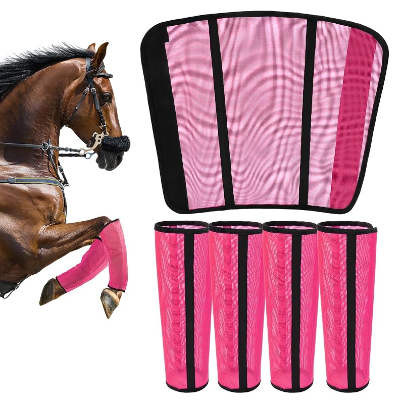 Botas contra moscas para cavalos com design curvo e tela respirável TAILNERY, Pink, tamanho Medium, conjunto com 4