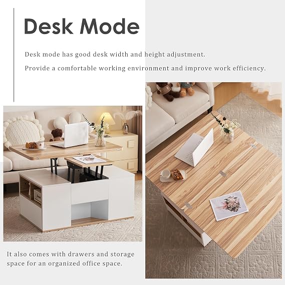 ModernLuxe Coffee Table with Storage, Lift Up Coffee Table for Living Room, Side Table with 2 Drawers and Open Storage Compartments, Height Adjustable, 3 Modes, Rounded Corner Design, White & Oak