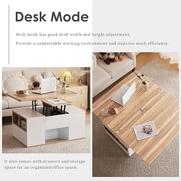 ModernLuxe Coffee Table with Storage, Lift Up Coffee Table for Living Room, Side Table with 2 Drawers and Open Storage Compartments, Height Adjustable, 3 Modes, Rounded Corner Design, White & Oak