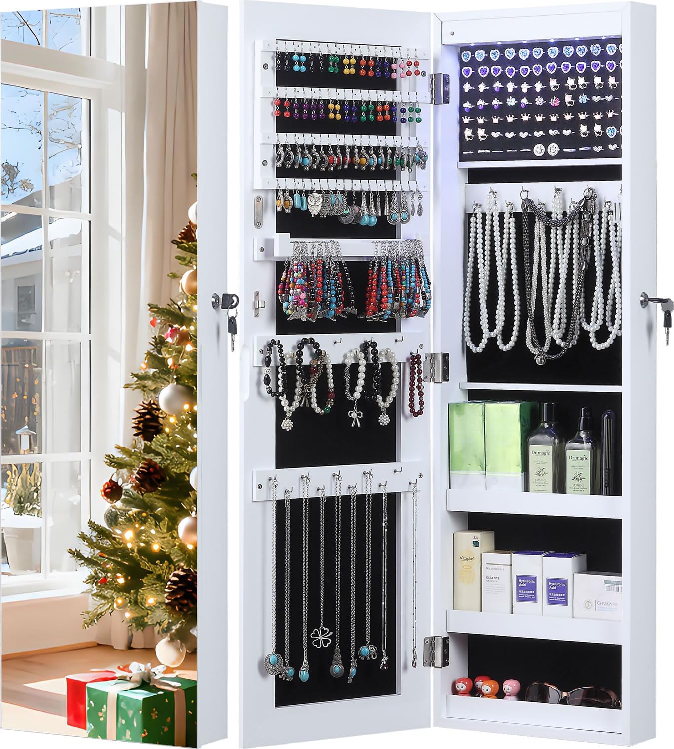 GISSAR Full Length Mirror Jewelry Cabinet, 6 LEDs Jewelry Armoire Wall Mounted Over The Door Hanging, Jewelry Organizer Display Storage Furniture with Lights Locker Mirrored Cabinet, 39.4" H, White