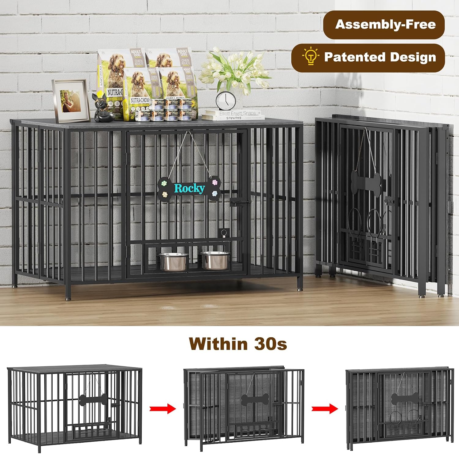 Easycom 43" Dog Crate Furniture Foldable, No Assembly Decorative Dog Kennel Indoor, XL Dog Crates for Large Dogs (60-80 lbs), Wooden Dog Cage with Adjustable Bowls and Name Tag, Dark Grey